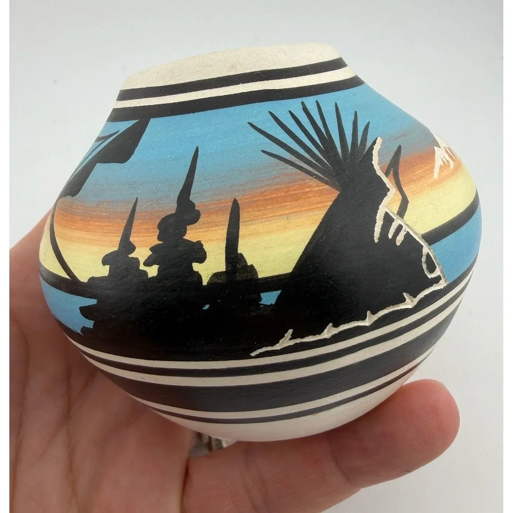 Southwestern Style Ceramic Pot‎ Hand Painted Desert Scene Bird Motif Signed